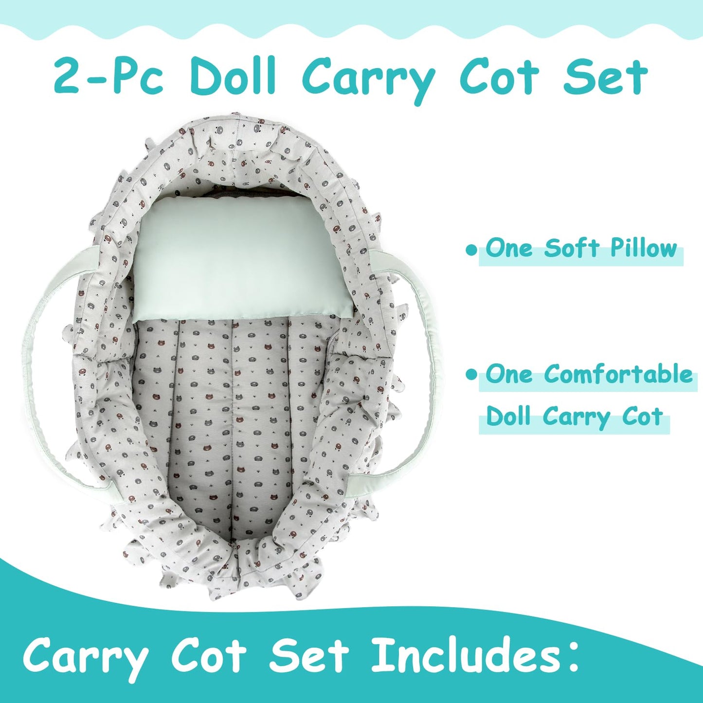 Rakki Dolli Doll Carry Cot Set, Sweet Dreams Soft Bassinet Doll Carrier Includes 1 Cot And 1 Pillow, Grayish Green Bear Doll Bassinet, Fits For 16 Inch American Girl Dolls