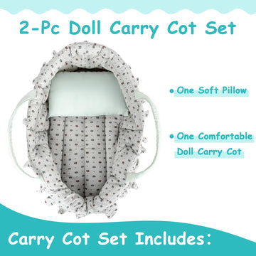 Rakki Dolli Doll Carry Cot Set, Sweet Dreams Soft Bassinet Doll Carrier Includes 1 Cot And 1 Pillow, Grayish Green Bear Doll Bassinet, Fits For 16 Inch American Girl Dolls