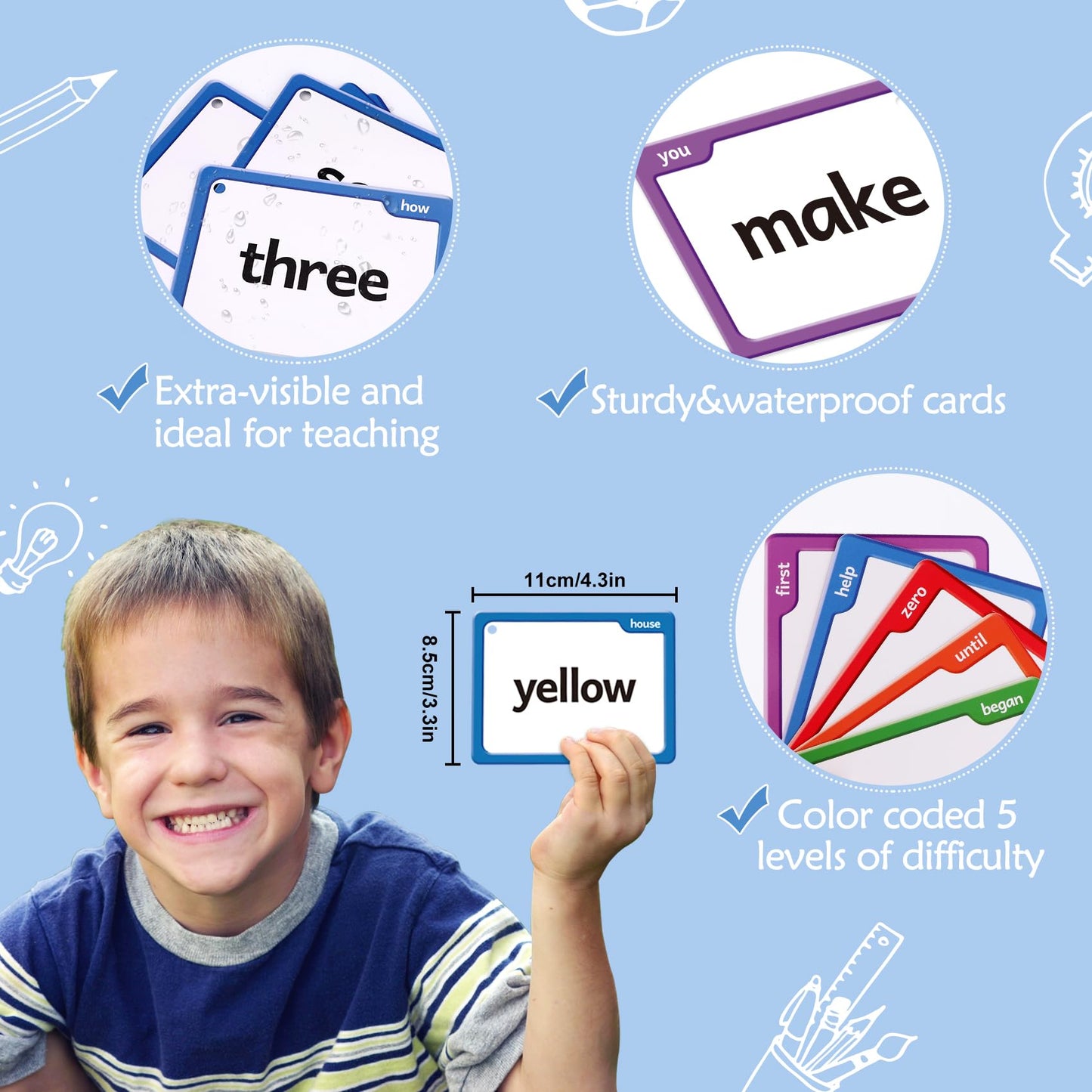 Torlam Sight Words Flash Cards - High Frequency for Pre-K to 3rd Grade, Large Cardstock with Folders & Rings