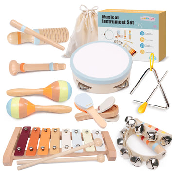 Toddler Musical Instruments Set - Montessori Toys Wooden Percussion Baby Drum Xylophone Maracas Set, Sensory Toys For 18 Month O