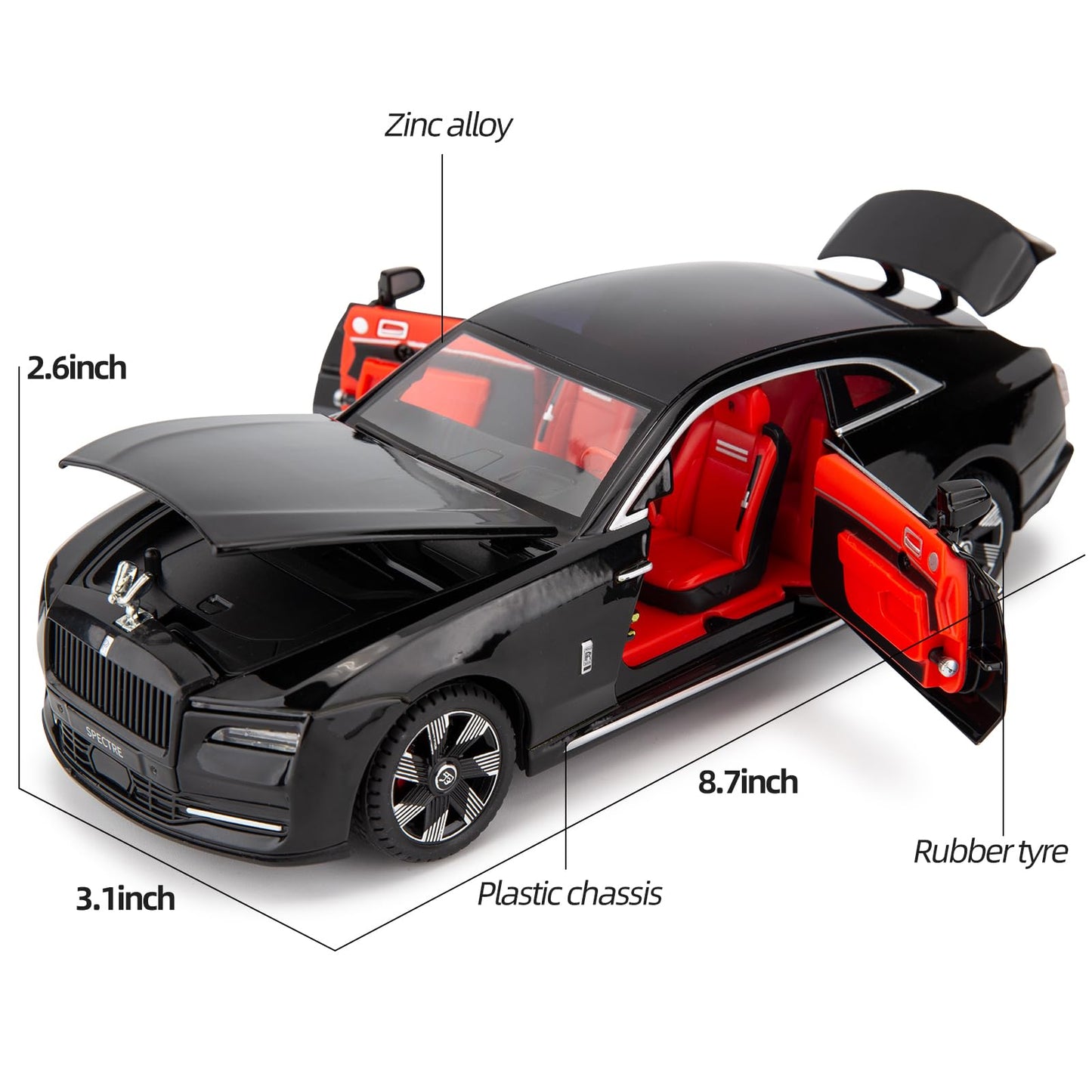 BDTCTK Compatible for 1:24 Rolls Royce Spectre Model Car, Diecast Collectible Pull Back Toy Car with Sound and Light for Adults