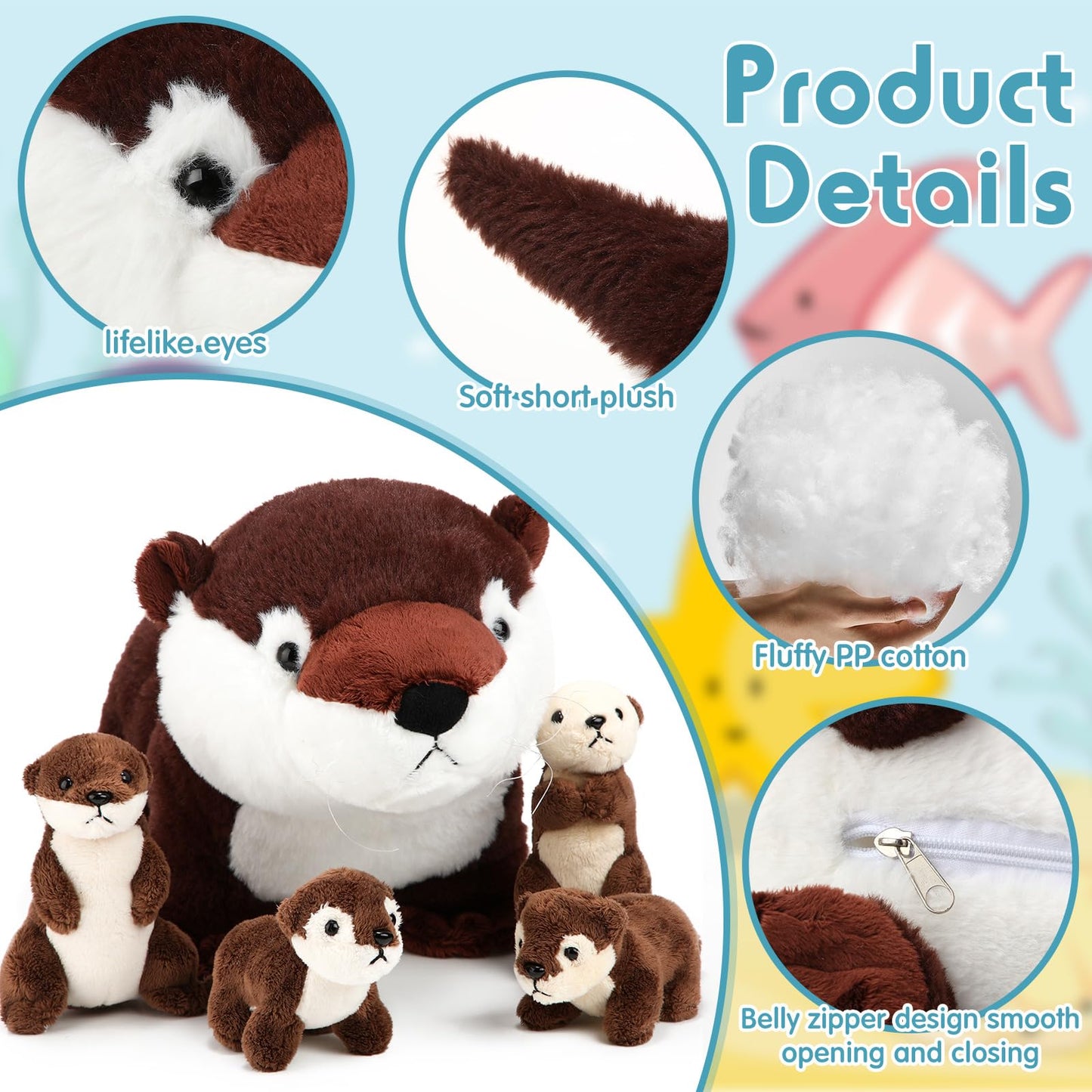 Poen 5 Pcs River Otter Stuffed Animals Set 22 Inch Mommy Otter Plush With 4 Cute Babies In Belly Soft Cuddly Zippered River Outt