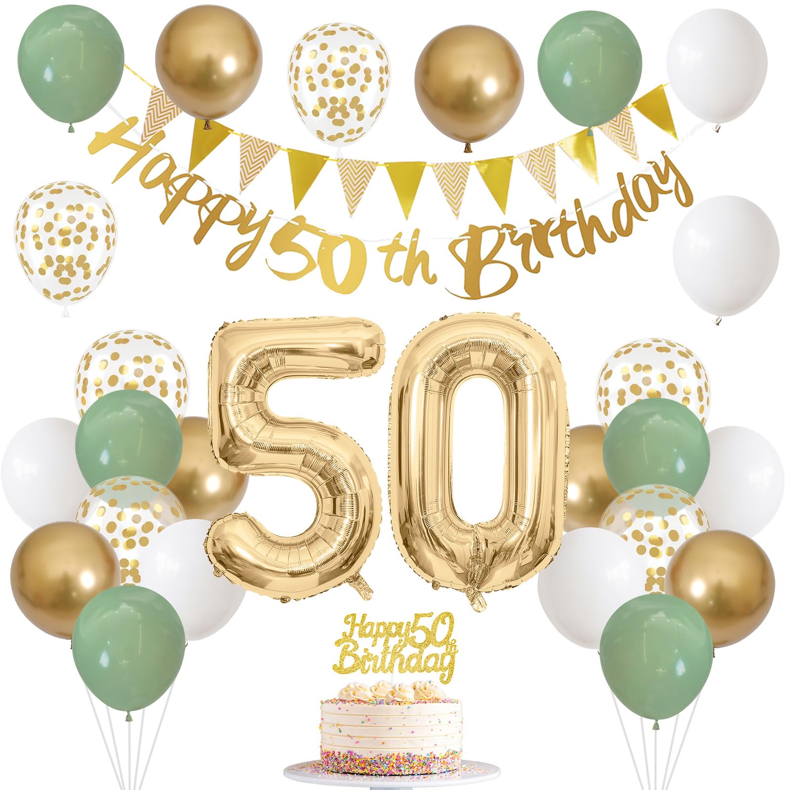 50Th Birthday Decorations For Men Women, Sage Green White Gold Birthday Balloons With Happy 50Th Birthday Banner 50Th Birthday C