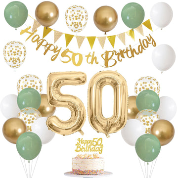 50Th Birthday Decorations For Men Women, Sage Green White Gold Birthday Balloons With Happy 50Th Birthday Banner 50Th Birthday C