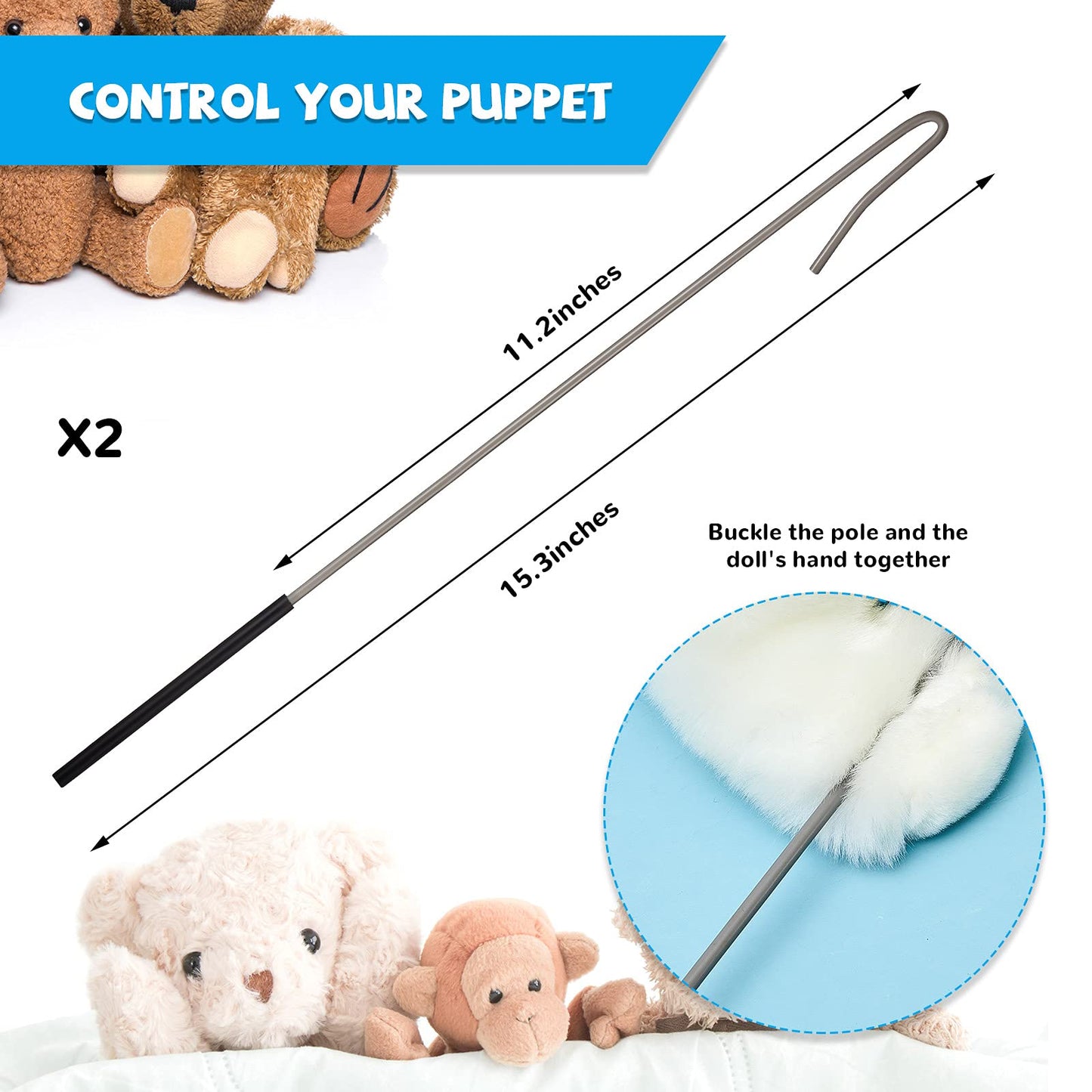 Skylety 2 Pcs Puppet Rods Puppet Stick Arm Control Rod Metal Hand Stick Rubber Protective Sleeve Marionette Rods for Ventriloqui