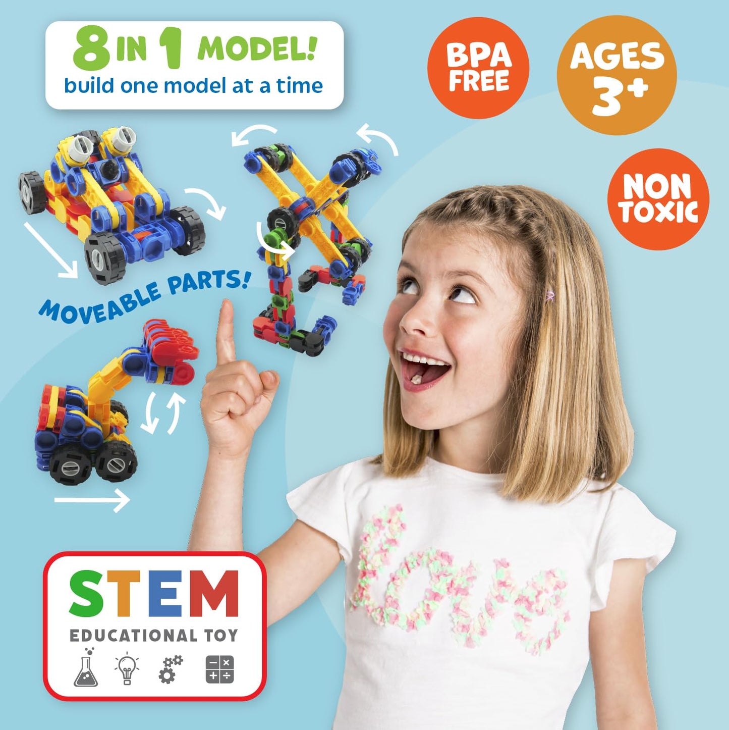 Skoolzy Klikio 8 In 1 Construction Building Engineering Toys 98 Piece Kit - Stem Bin Toys For Ages 7+, Includes Storage Bag And Booklet With Building Designs
