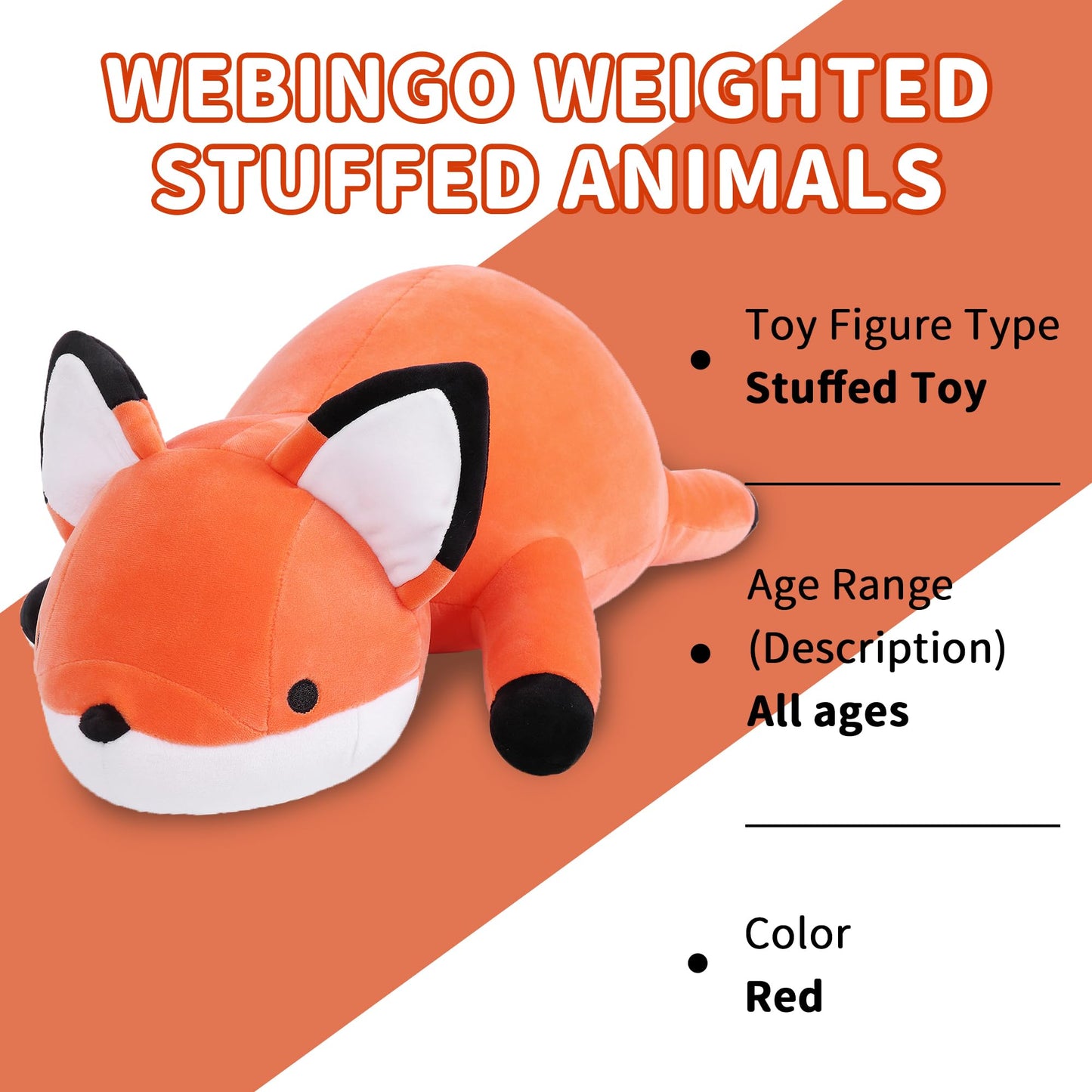 Webingo Weighted Stuffed Animals, 24'' Weighted Fox Plush Toy 4.2 Lb Soft Pillow Cute Giant Plushie Gifts For Kids & Adults(Fox)