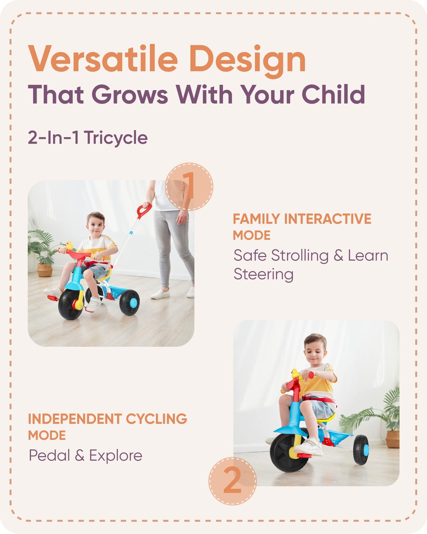 KRIDDO 2 in 1 Kids Tricycle for Ages 18 Months to 3 Years, Carbon Steel, EVA Wheel, Classic Color, Model TC005