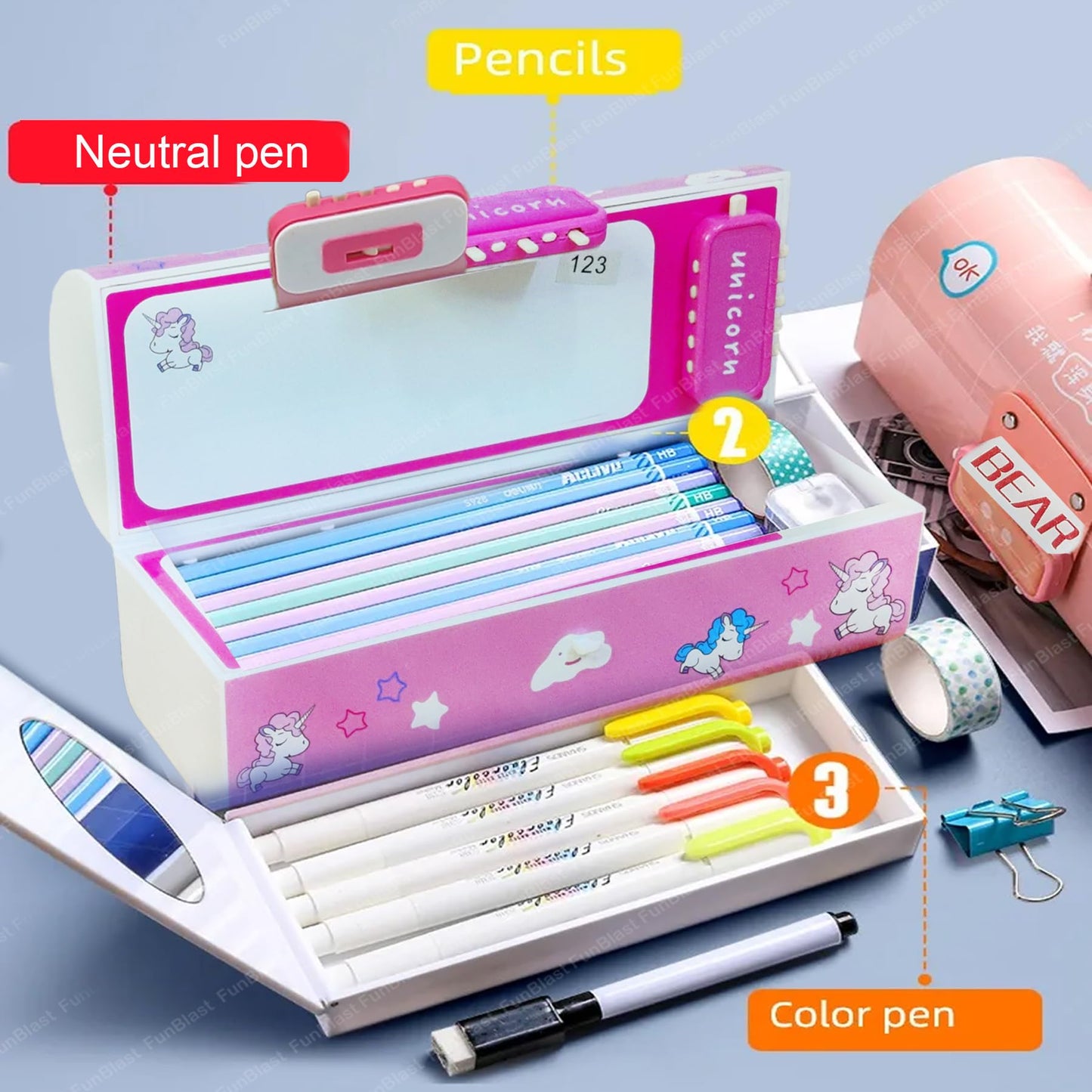 Funblast Kids Pen Box Multi-Layer Suitcase Style Password Lock Pencil Case For Kids, Boys, Girls, Stationary Organizer Case For