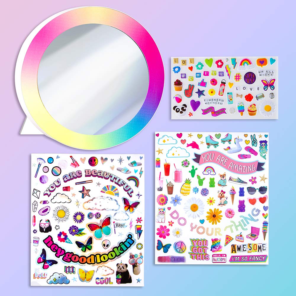 Fashion Angels Sticker Collage Mirror Design Set - 1 Round Rainbow Mirror To Hang Or Stand, 3 Stickers Sheets With 200 Reusable Sticker Decals - Develops Creativity And Confidence - Ages 8 And Up