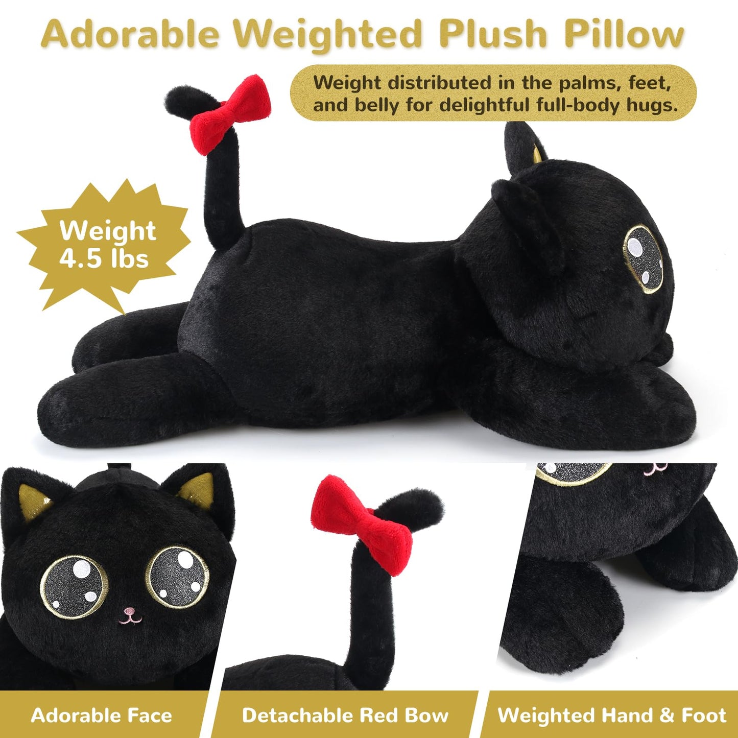 Meowtastic Black Cat Weighted Stuffed Animals - 22 Inch 4.5 Pounds Weighted Plush Kitten Stuffed Animal - Big Stuffed Cat Weighted Plush Pillow - Cute Plush Toys Gifts For Kids & Adults (22' 4.5 Lbs)