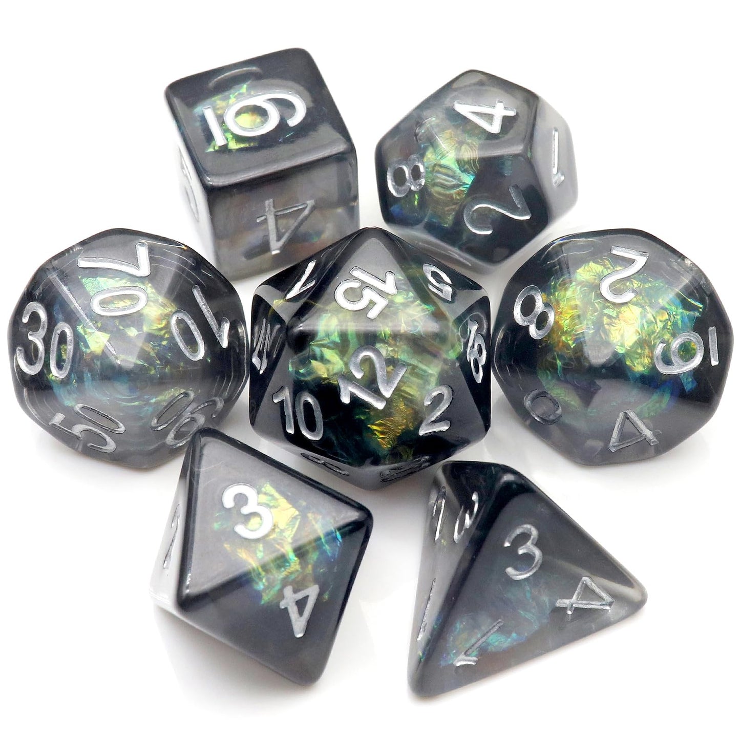 Haxtec DND Dice Set 7PCS Resin Dice Set Black with Iridescent Mylar Inclusion Polyhedral D&D Dice for Roleplaying Dice Games as 