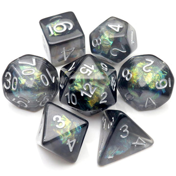 Haxtec DND Dice Set 7PCS Resin Dice Set Black with Iridescent Mylar Inclusion Polyhedral D&D Dice for Roleplaying Dice Games as 