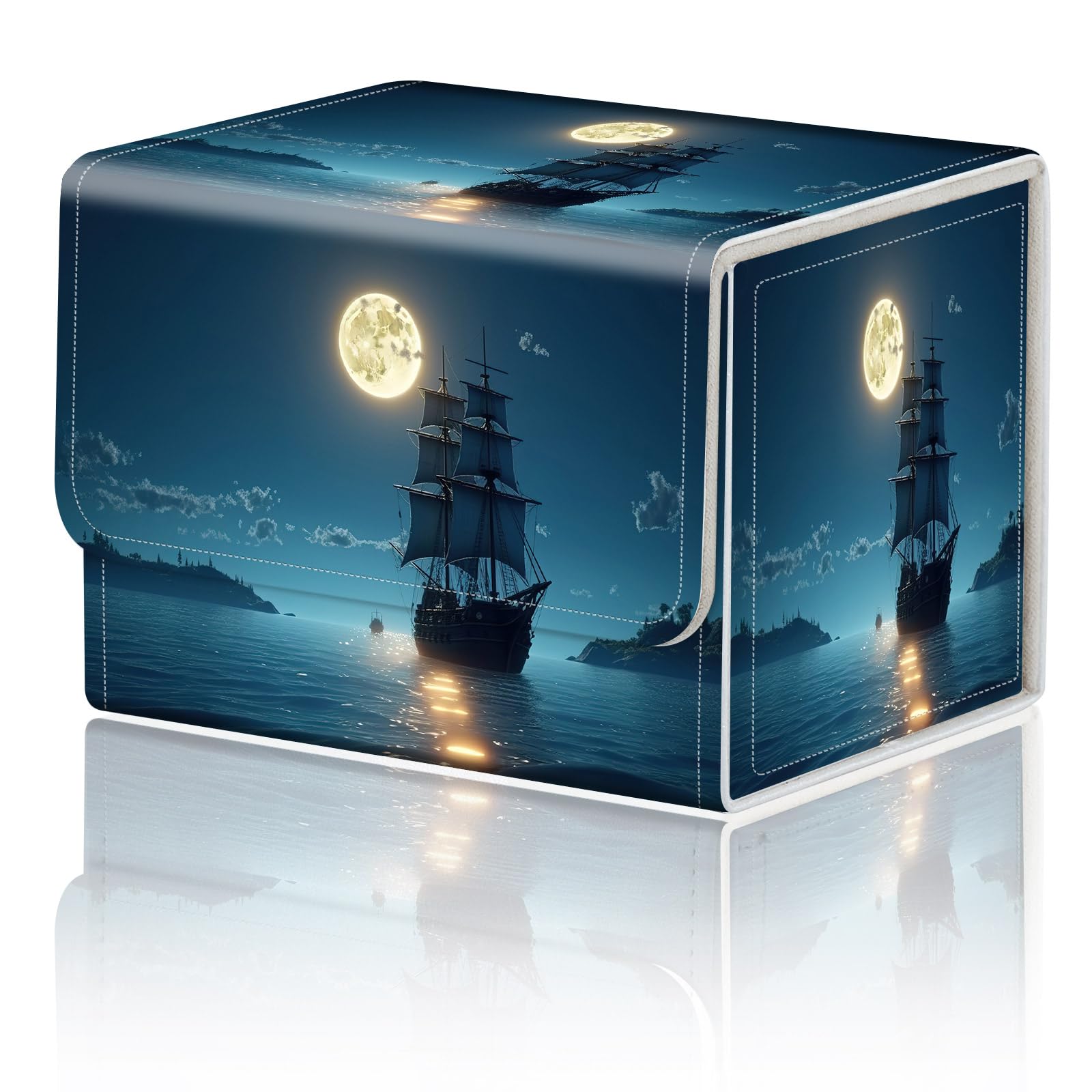 DEGDFSGR for TCG MTG Card Game Storage Box Organizer Trading Card Case Commander Deck Box Magnetic Closure Creative Pattern Up to 200 Cards  Moon Ship Blue Sea