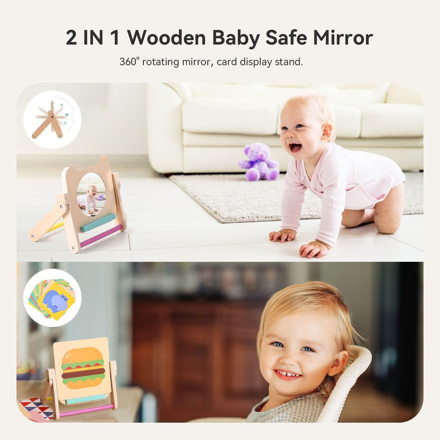 Ieatfo Rotating Baby Safe Mirror With 120 Pages Visual Stimulation Cards - Wooden Tummy Time Mirror Toys - Black White Red And C