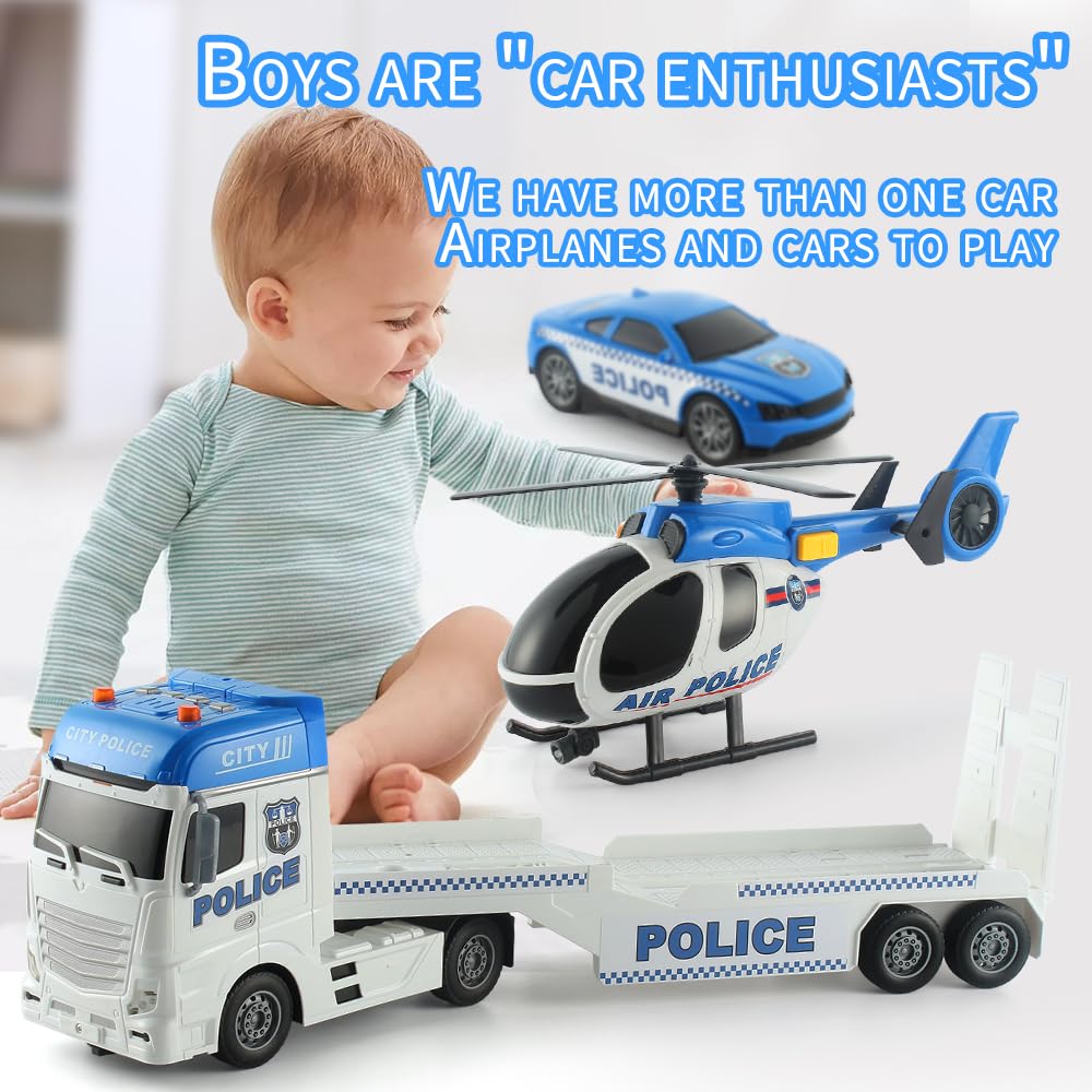 ANJARU Police Toys Vehicle Truck Playset - 25" Push & Go with Mini Car & Helicopter - Plastic - Police Trailer - Model 666-69F