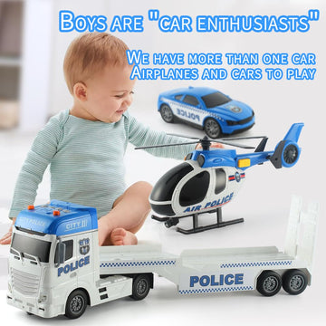 ANJARU Police Toys Vehicle Truck Playset - 25" Push & Go with Mini Car & Helicopter - Plastic - Police Trailer - Model 666-69F