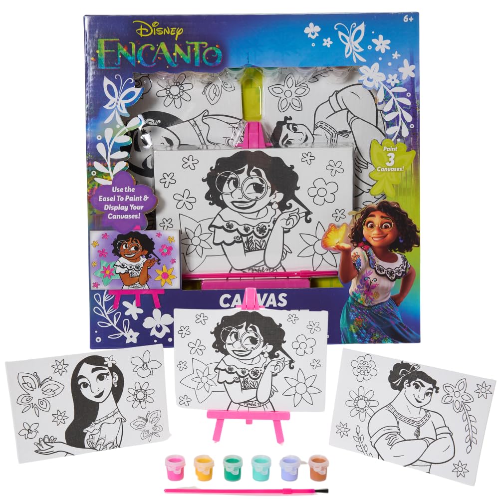 Innovative Designs Disney Encanto Canvas Paint Set for Kids with 3 Canvases, Acrylic Paint, Paintbrush, & Easel