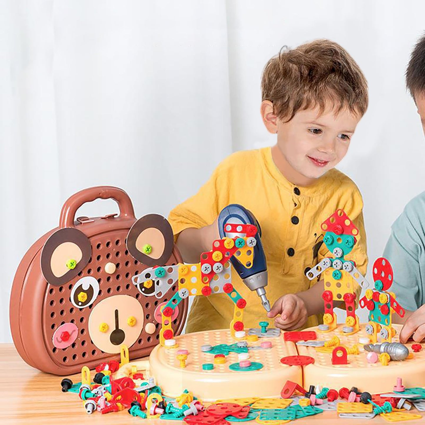 Magic Montessori Play Toolbox With Drill, 203Pcs Magic Montessori Play Toolbox Dog-Themed, 2D/3D Creativity Tool Box Montessori