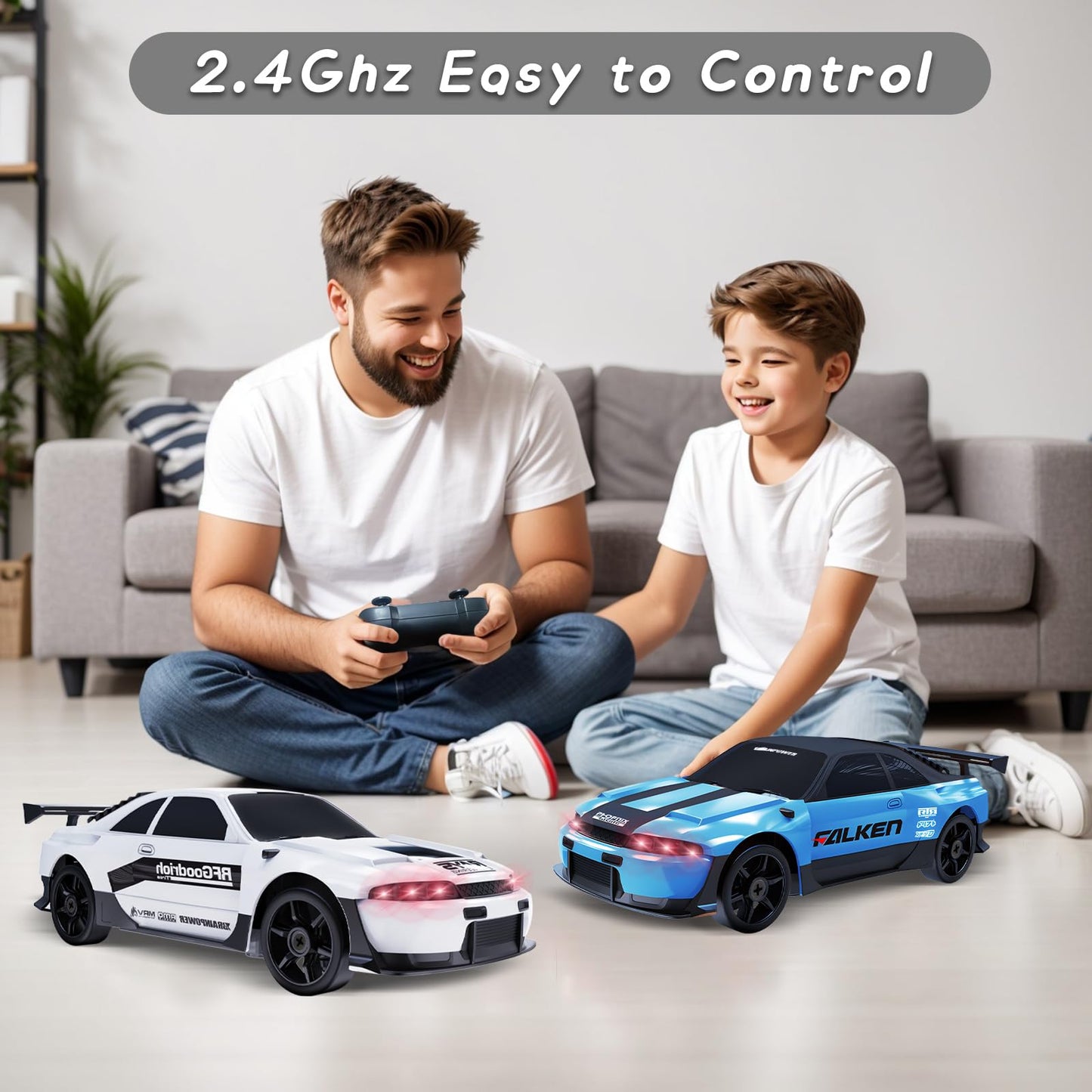 YUAN PLAN 2.4GHz High Speed RC Drift Car, LED Lights, 4WD, Two Batteries Included, Drift Tires, for Kids & Adults, White
