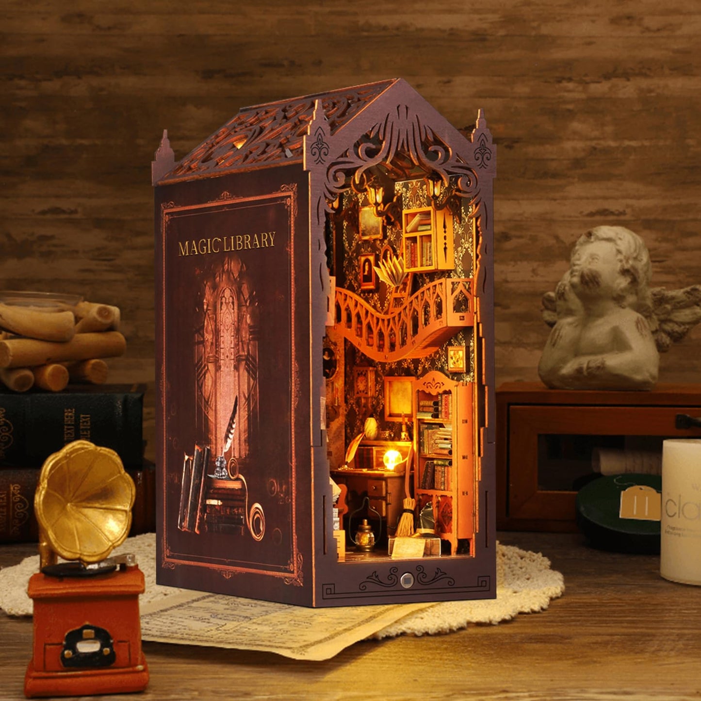 Diy Book Nook Kit, Dollhouse Wooden Mini House Kit, 3D Wooden Puzzle Book Nook Kit With Sensor Led Lights, Bookshelf Insert Deco