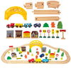 60Pcs Train Set For 3 Year Old Boys, Double-Side Wooden Train Set Tracks For Toddlers, Fits Brio, Thomas, Melissa And Doug, Kids Wood Train Toys For 3 4 5 Year Old Boys And Girls (Yellow)