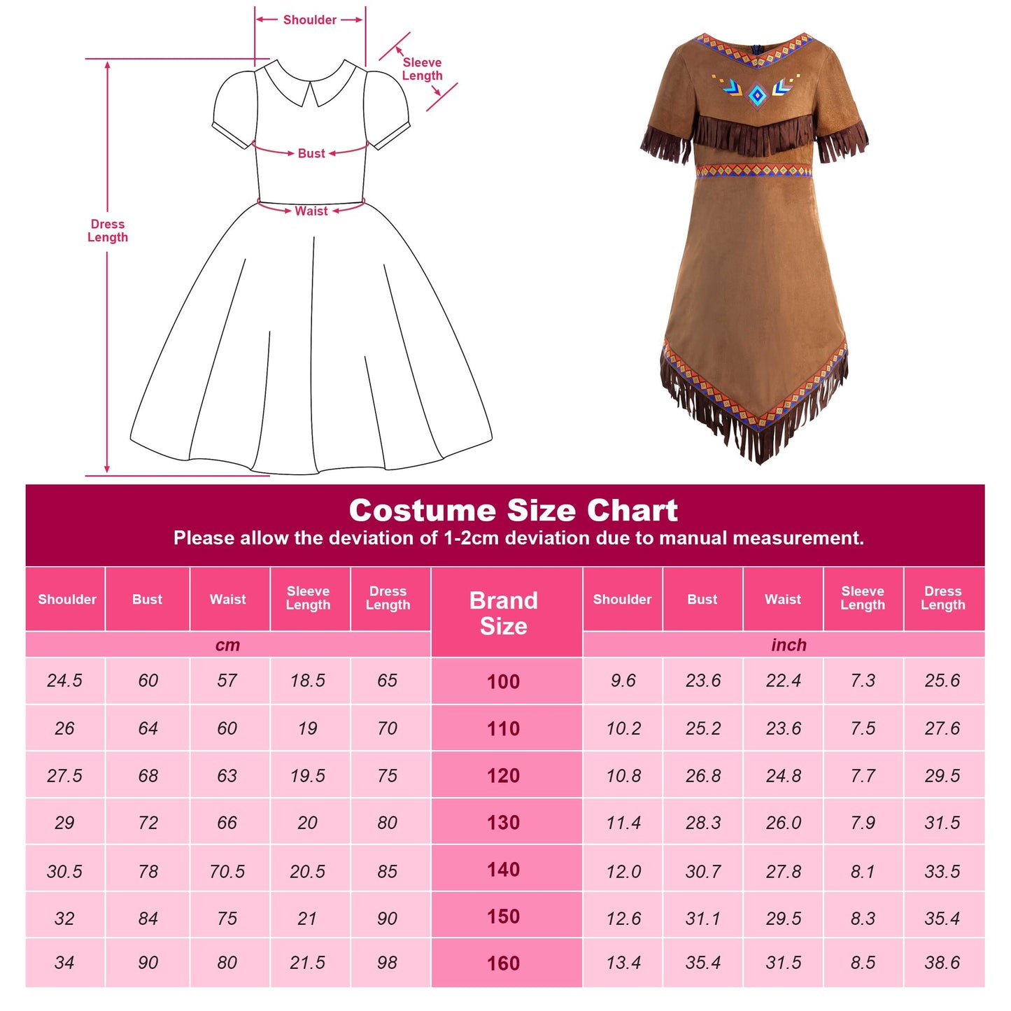 Relibeauty Girls Thanksgiving Costume Kids Dress Outfit With Hair Accessories And Necklaces, 4T/110 Brown