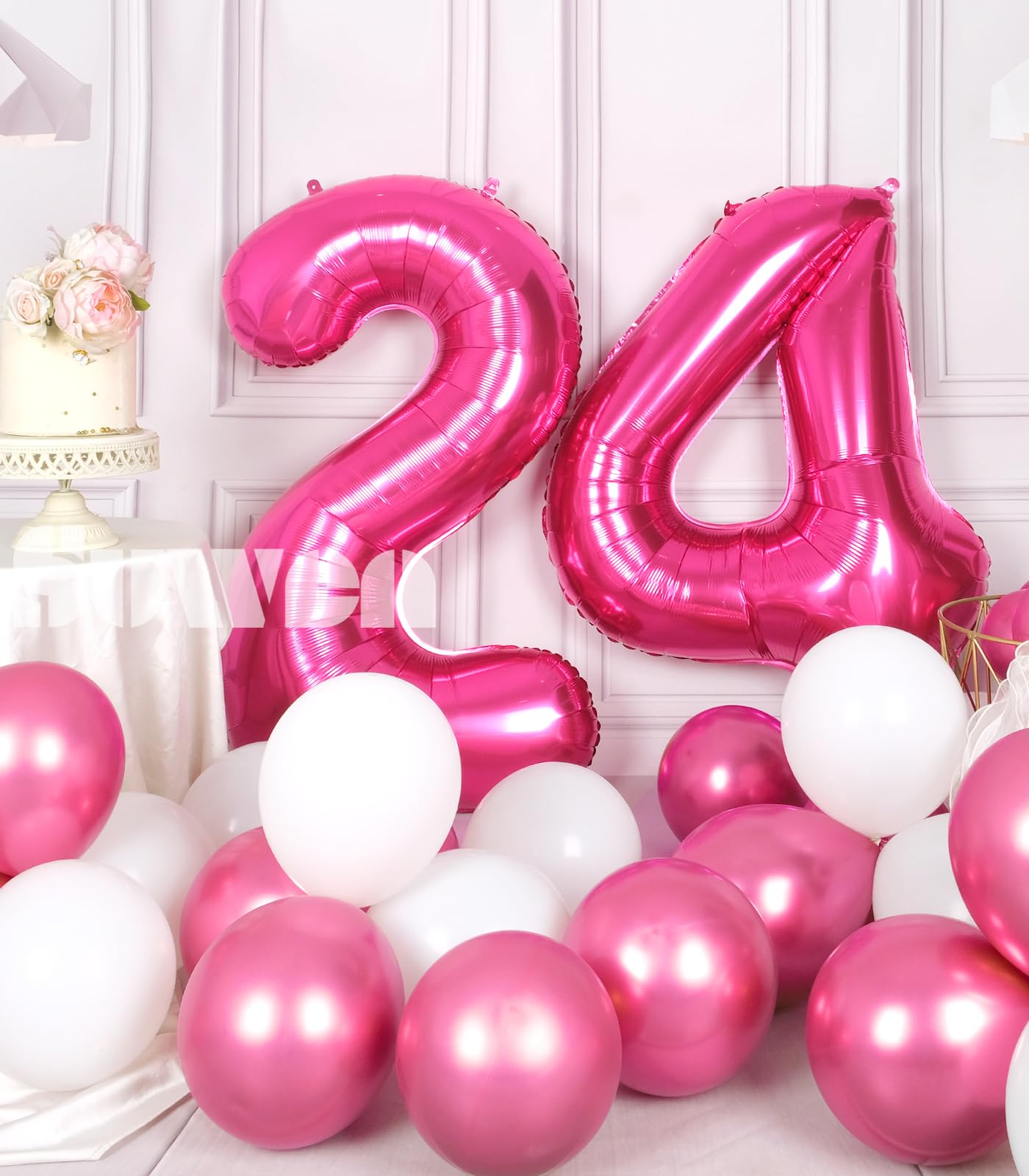 Suwen 40 Inch Large Hot Pink 24 Number Balloons Big Foil Helium Number Balloons 0-9 Jumbo Happy 24Th Mylar Birthday Party Decora