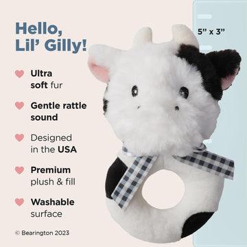 Bearington Collection Lil' Gilly 5.5 In Cow Baby Rattle - Baby Wrist Rattles - Plush Rattles Gift For Newborn