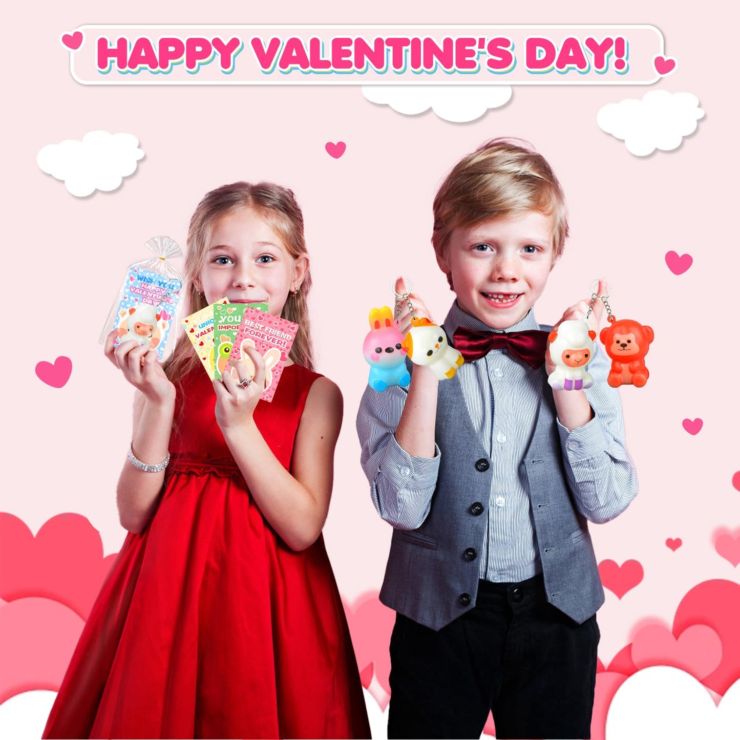 digi Valentines Day Gifts for Kids, 28 PCS Animal Squishy Toys Keychains with Valentines Day Cards, Valentines Day Classroom Exc
