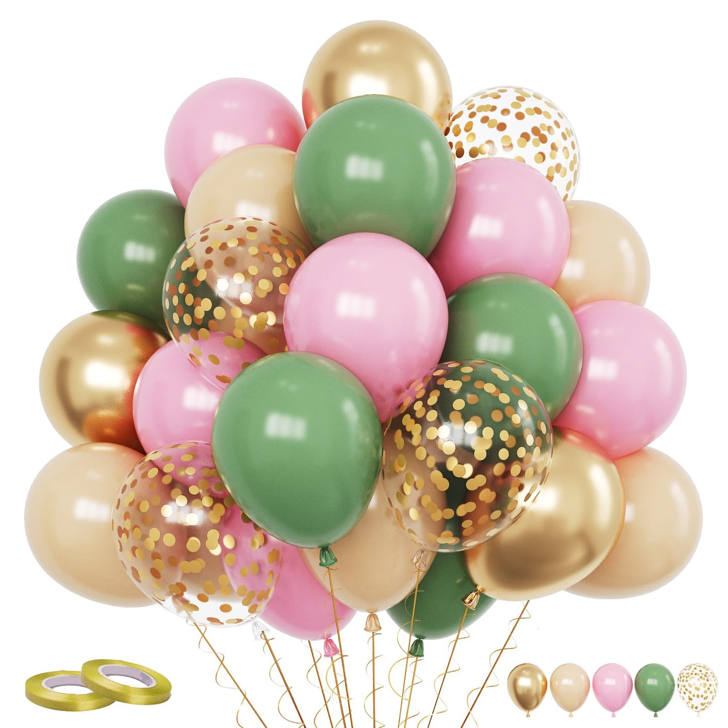 Pink And Green Balloons, 60Pcs Sage Green Pink Party Balloons, 12Inch Olive Green Pastel Pink Balloons Metallic Gold Confetti Ba