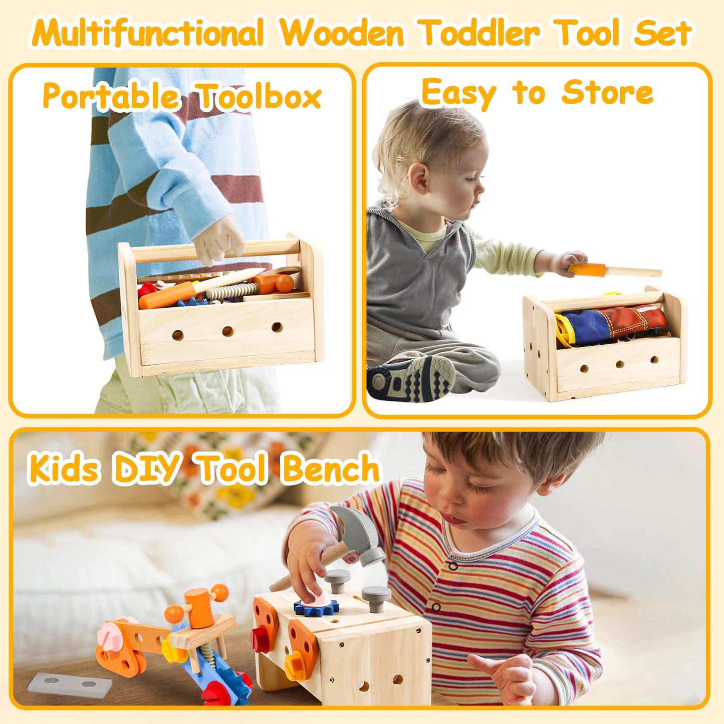 TONZE Kids Tool Set with Apron, Wooden Toddler Tool Bench Montessori Toys for 3 4 Year Old, 39 PCS Educational STEM Construction