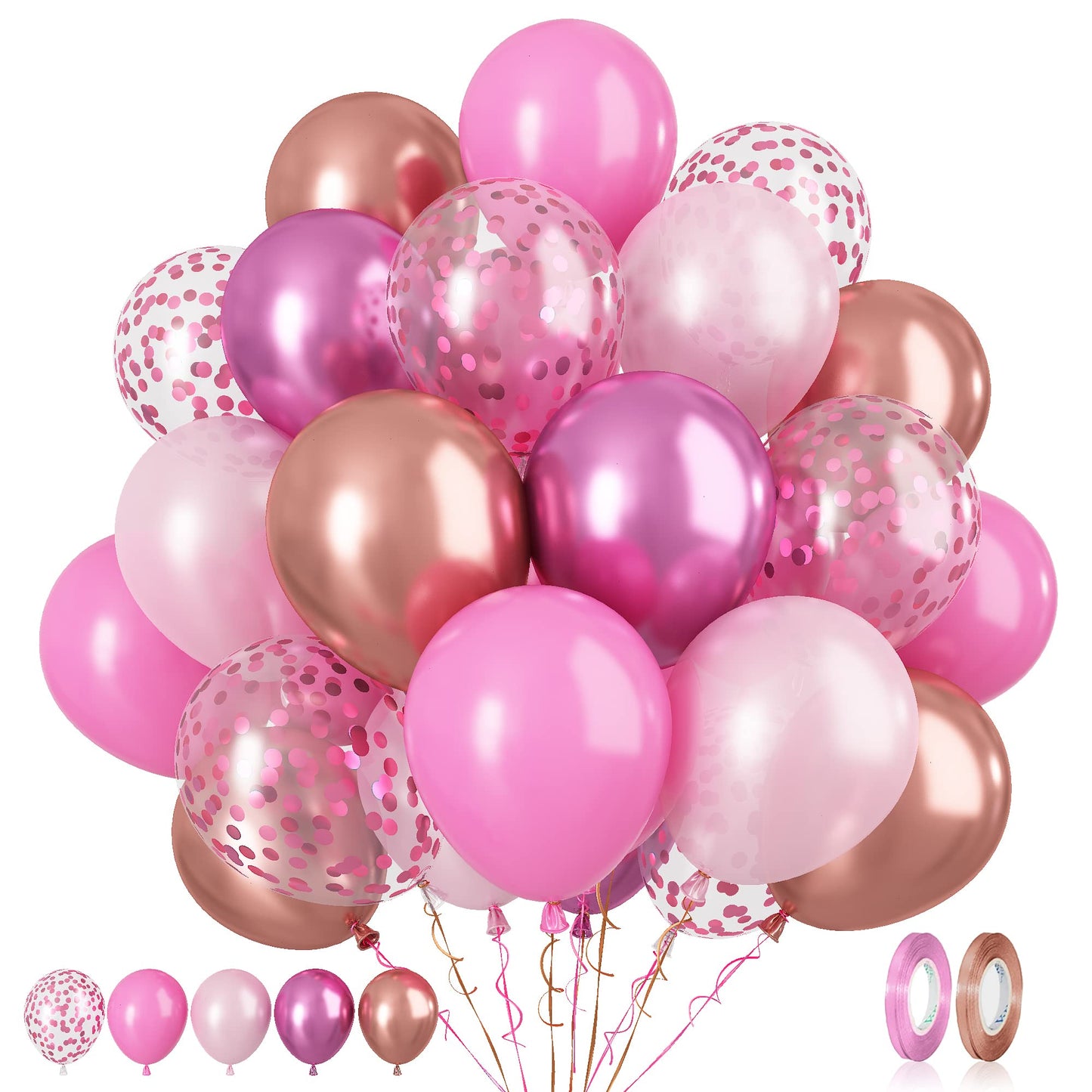 Paready Pink Confetti Balloons, 60 Pcs 12 Inch Metallic Red Rose Gold And Pink Latex Confetti Balloons For Birthday Baby Shower