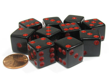 Set of 10 Six Sided Square Opaque 16mm D6 Dice - Black with Red Pip Die by Koplow Games