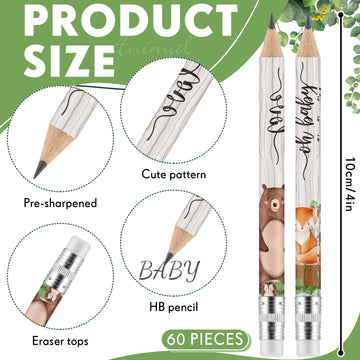 Tinlade 60 Pcs Wooden Animal Baby Shower Golf Pencils With Erasers Baby Shower Game Pencils Small Pencils For Kids Sharpened Mini Pencils For School Baby In Bloom Baby Shower Supplies