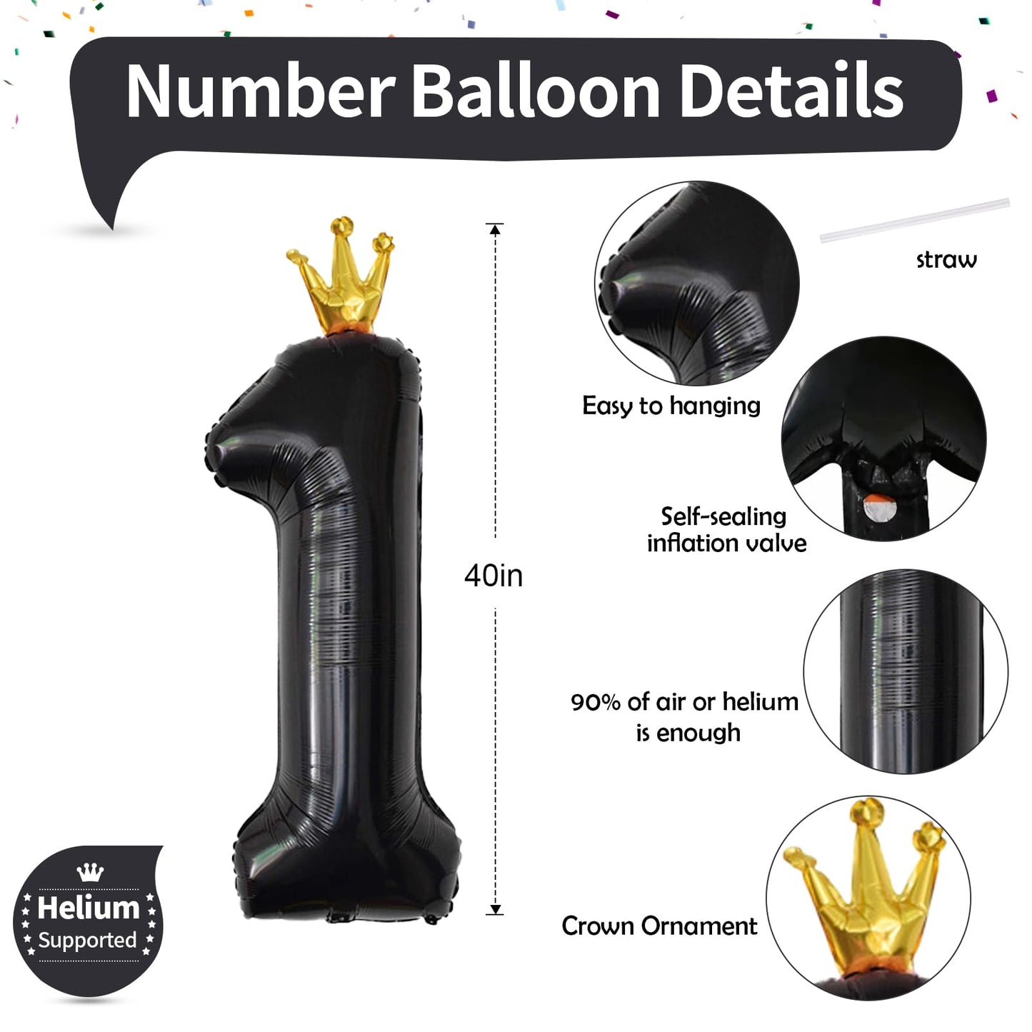 Crown Black 1 Balloon Number For Girls 1St Birthday Party, 40 Inch Large Number Foil Helium Balloons 0-9, For Boys 25St Birthday