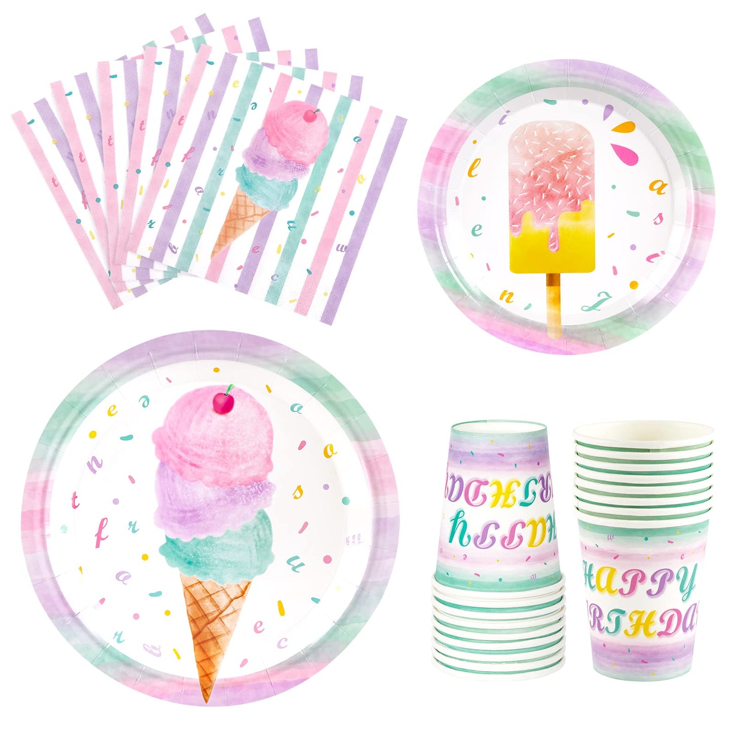 Wernnsai Ice Cream Plates Napkins And Cups - Ice Cream And Popsicle Theme Party Supplies For Girls Birthday Disposable Tableware Dessert Plates Luncheon Napkins Serves 16 Guests 64Pcs