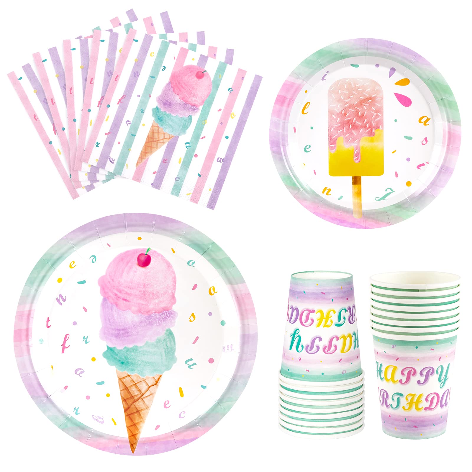 Wernnsai Ice Cream Plates Napkins And Cups - Ice Cream And Popsicle Theme Party Supplies For Girls Birthday Disposable Tableware Dessert Plates Luncheon Napkins Serves 16 Guests 64Pcs
