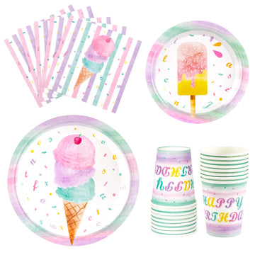 Wernnsai Ice Cream Plates Napkins And Cups - Ice Cream And Popsicle Theme Party Supplies For Girls Birthday Disposable Tableware Dessert Plates Luncheon Napkins Serves 16 Guests 64Pcs