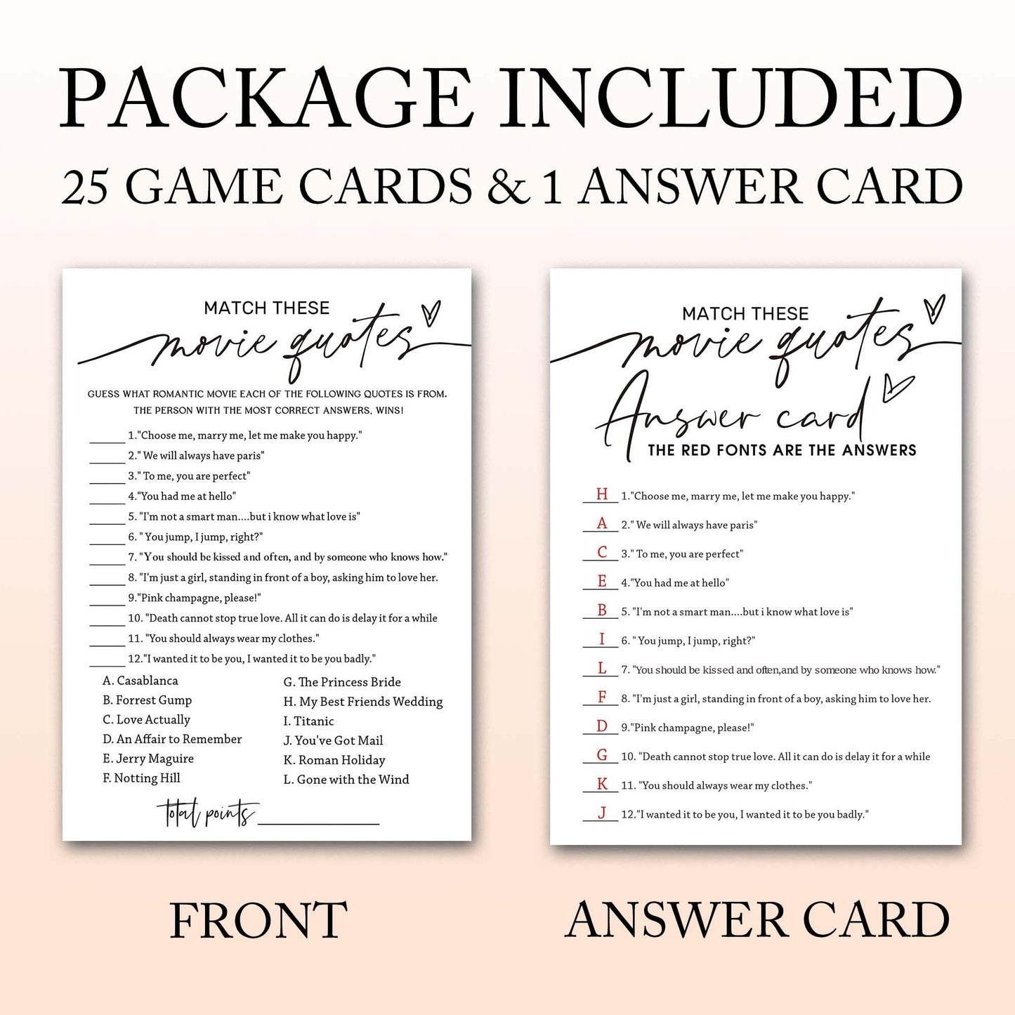Wedding Shower Games Cards, Match These Movie Quotes, 25 Game Cards With 1 Answer Card, Engagement Party Wedding Games For Guest