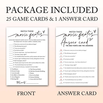 Wedding Shower Games Cards, Match These Movie Quotes, 25 Game Cards With 1 Answer Card, Engagement Party Wedding Games For Guest