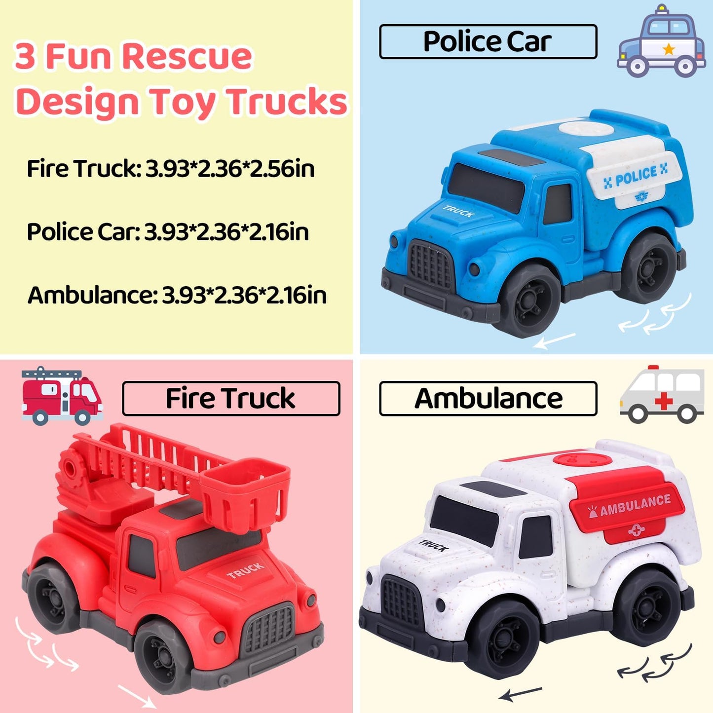 Toddler Toy Cars for 1 2 3 Year Old Boy, 3 in 1 Police Car Firetruck Toys and Ambulance for Toddlers, BPA Free, Phthalates Free,