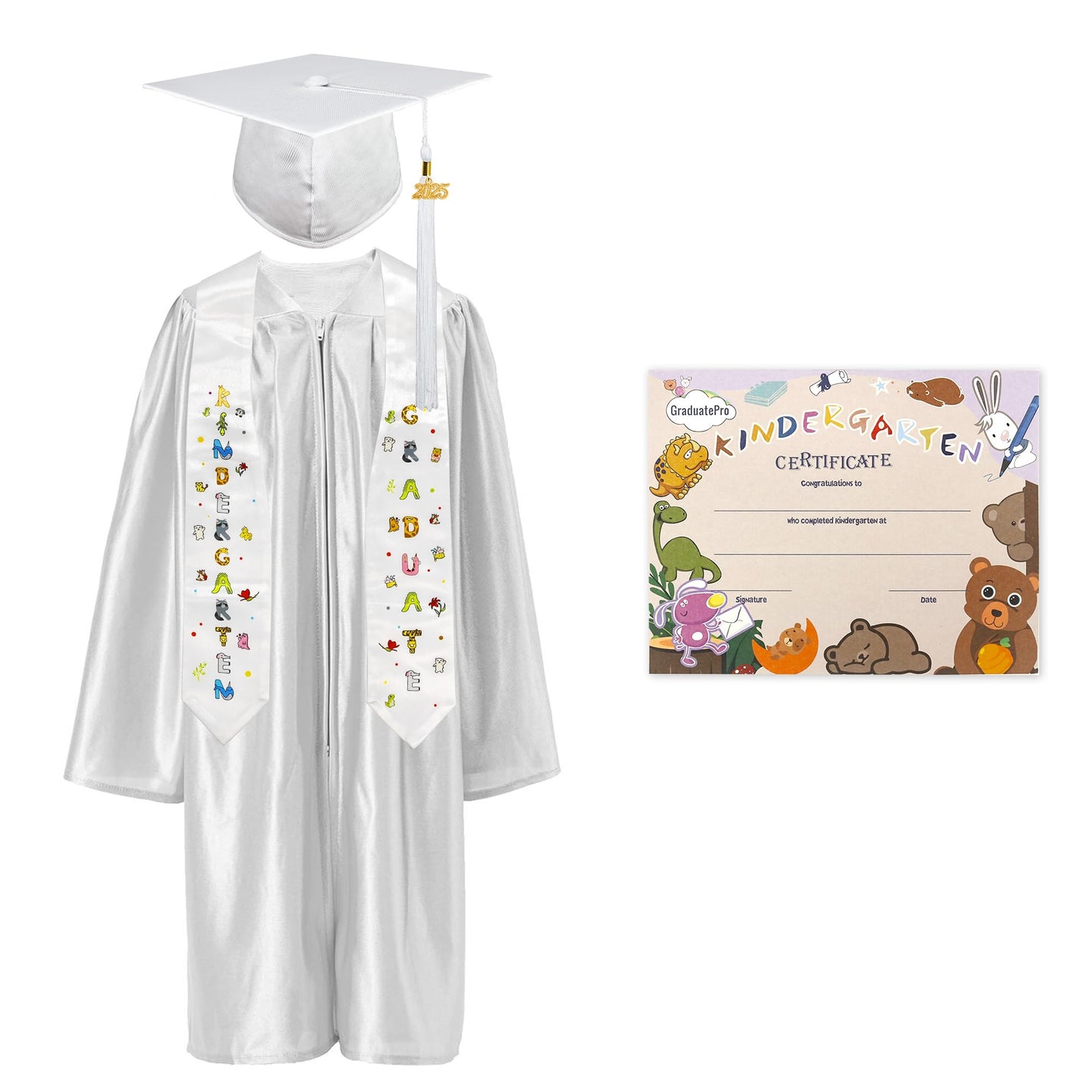 Graduatepro Kindergarten Graduation Cap And Gown Package Class Of 2025 For Kids With Stole Certificate As Party Gift White 30
