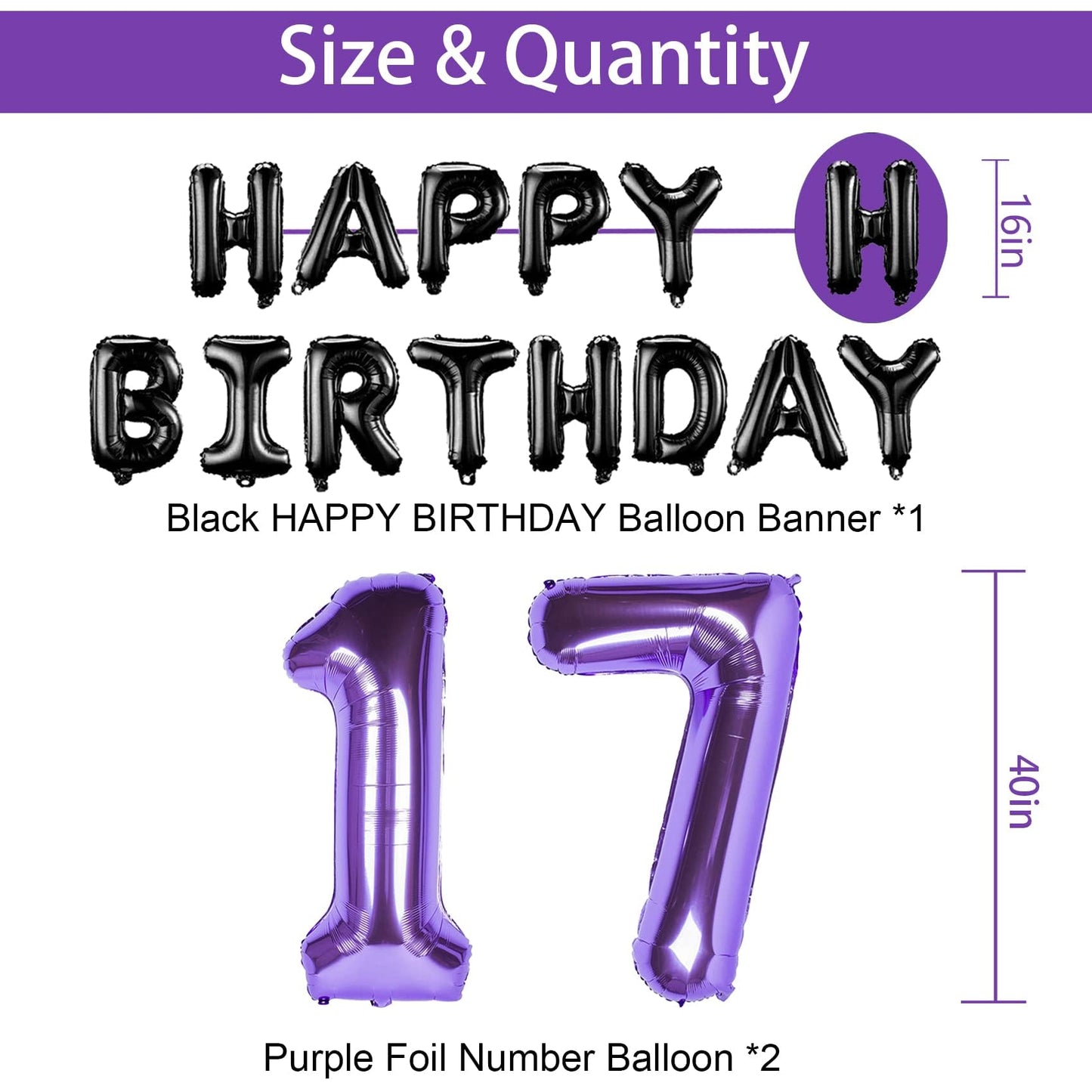 Naninuneno 17Th Birthday Decorations Set For Girl Women Boy Men,Purple Black 17 Happy Birthday Balloons Supplies With Purple Num