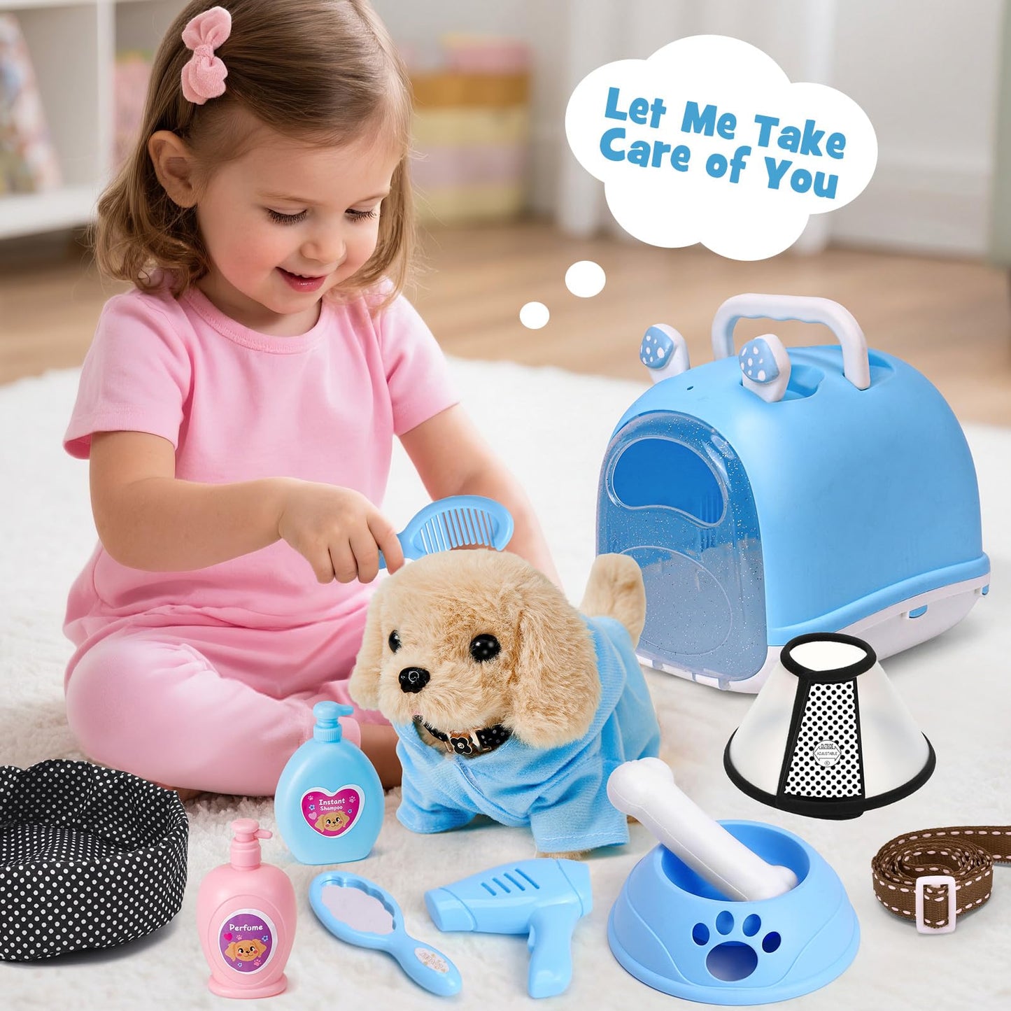 Cleboen 14pcs Robot Dog Toys for Kids Girls Boys 3-6  Realistic Electronic Interactive Plush Toy Dog with Walk & Bark  Pretend Play Puppy Pet Care Playset  3 4 5 6 Year Old Girl Birthday Gift Ideas