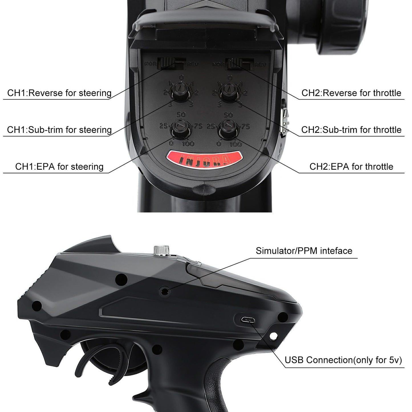 INJORA RC Transmitter 2.4GHz 6CH Controler and Receiver for 1/8 1/10 RC Car Boat Tanks Crawler TRX4 SCX10 Upgrade Parts