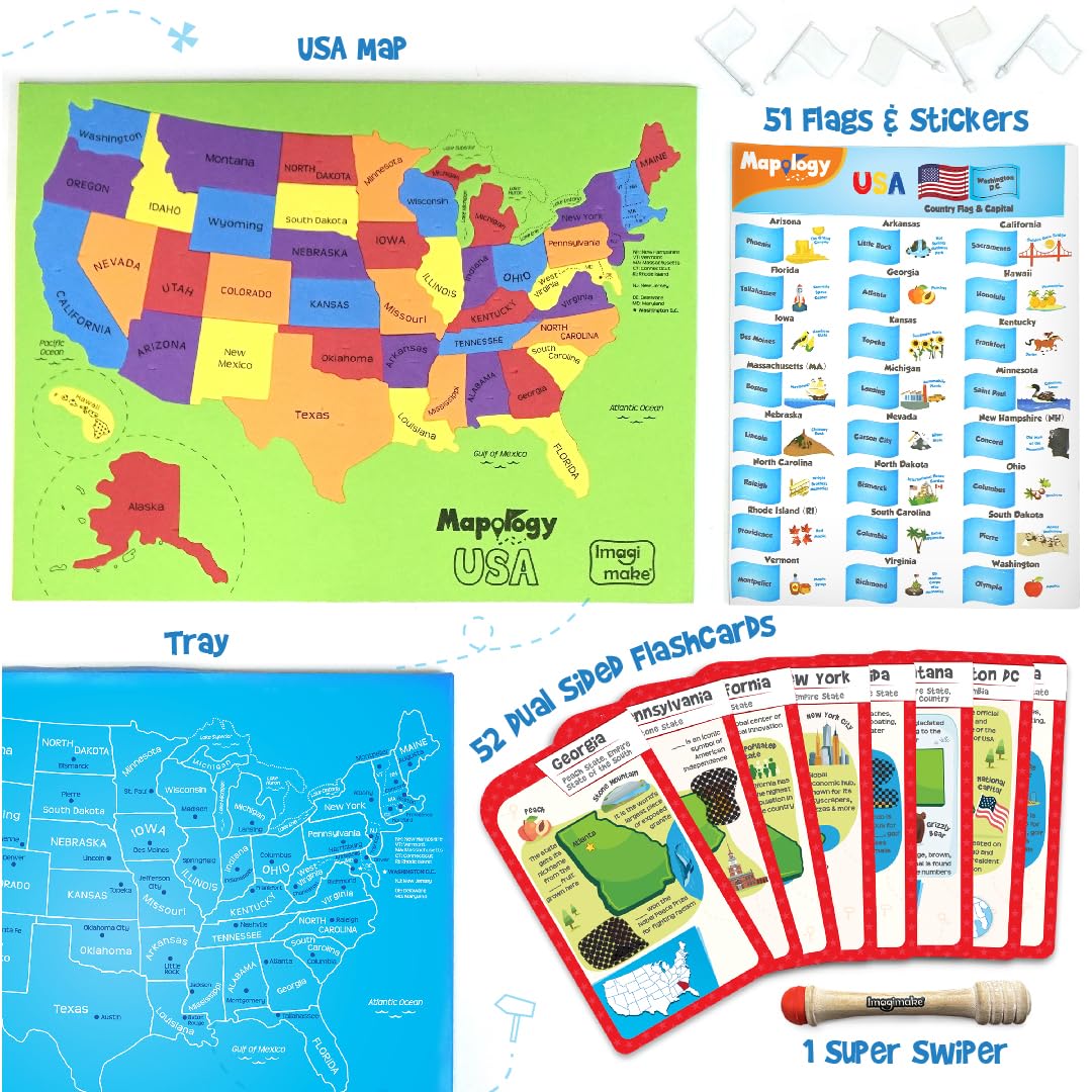 Imagimake Mapology United States Flash Card Puzzle With Flags, Country- Capitals | Educational Toys For Kids Ages 5-8 | Learn Geography Puzzles For Kids Ages 8-10 | Christmas Gift For Boys & Girls