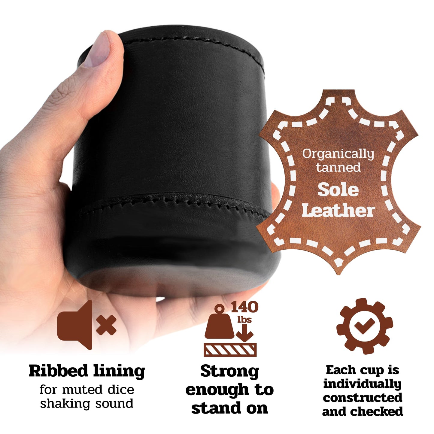 Alex Cramer Golden Gate Dice Shaker Cup Set - Leather Cup with 5 White Dice, Drawstring Pouch, & Liar’s Dice Book - Black Lining