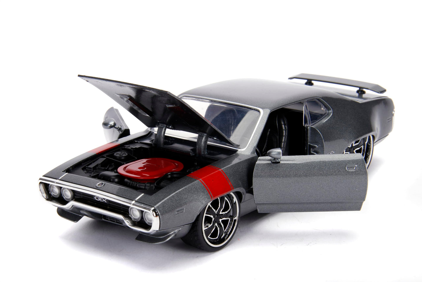 1972 Plymouth Gtx 440 Metallic Gray With Red Stripe ''Bigtime Muscle'' 1/24 Diecast Model Car By Jada