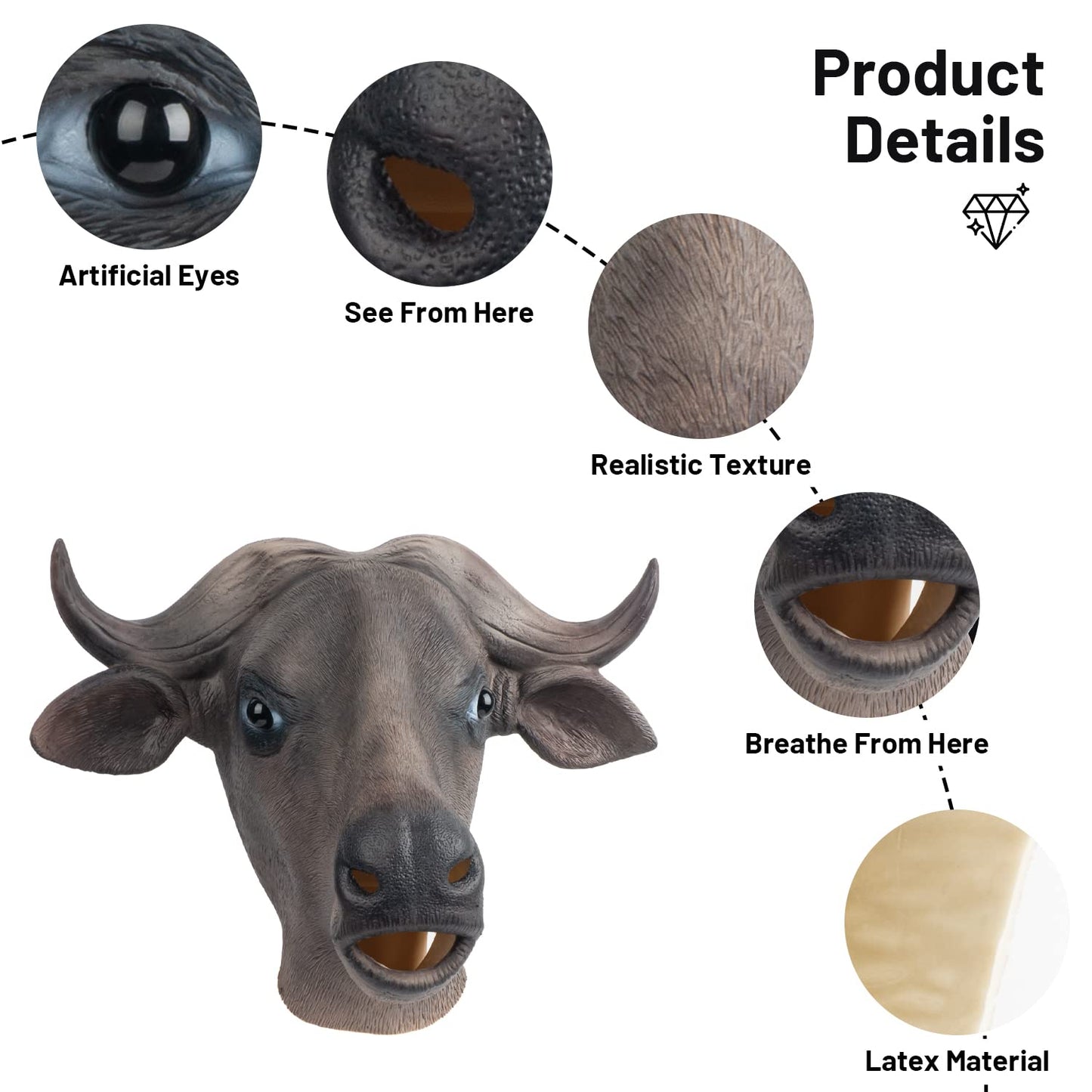 PartyHop Buffalo Mask - Realistic Full Head Latex Costume for Halloween, Medium, Brown